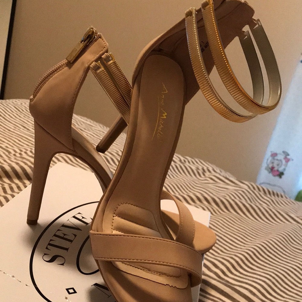 Nude/Gold ankle strap sandal heels